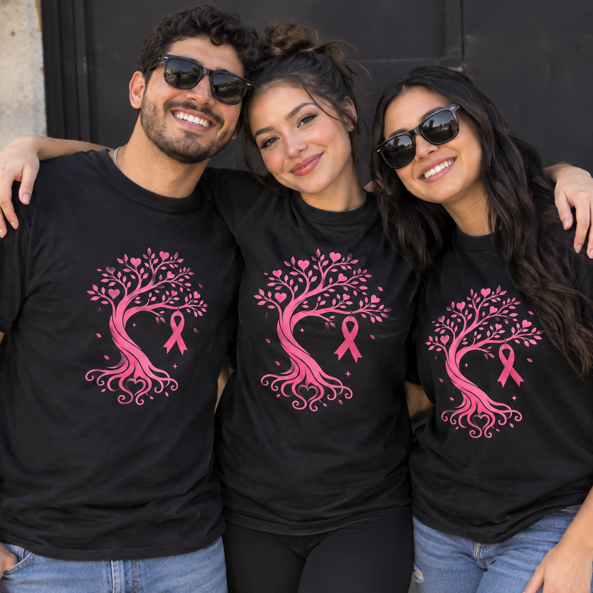 Three people wearing black tees with a pink ribbon tree and heart-shaped leaves.