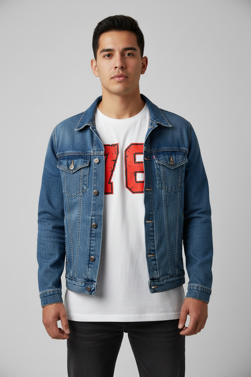 Mexican male model with jean jacket and 76 shirt