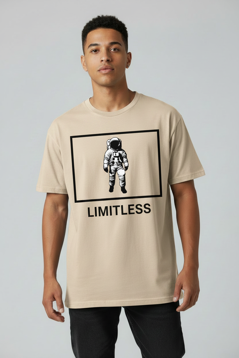 Model wearing beige LIMITLESS shirt