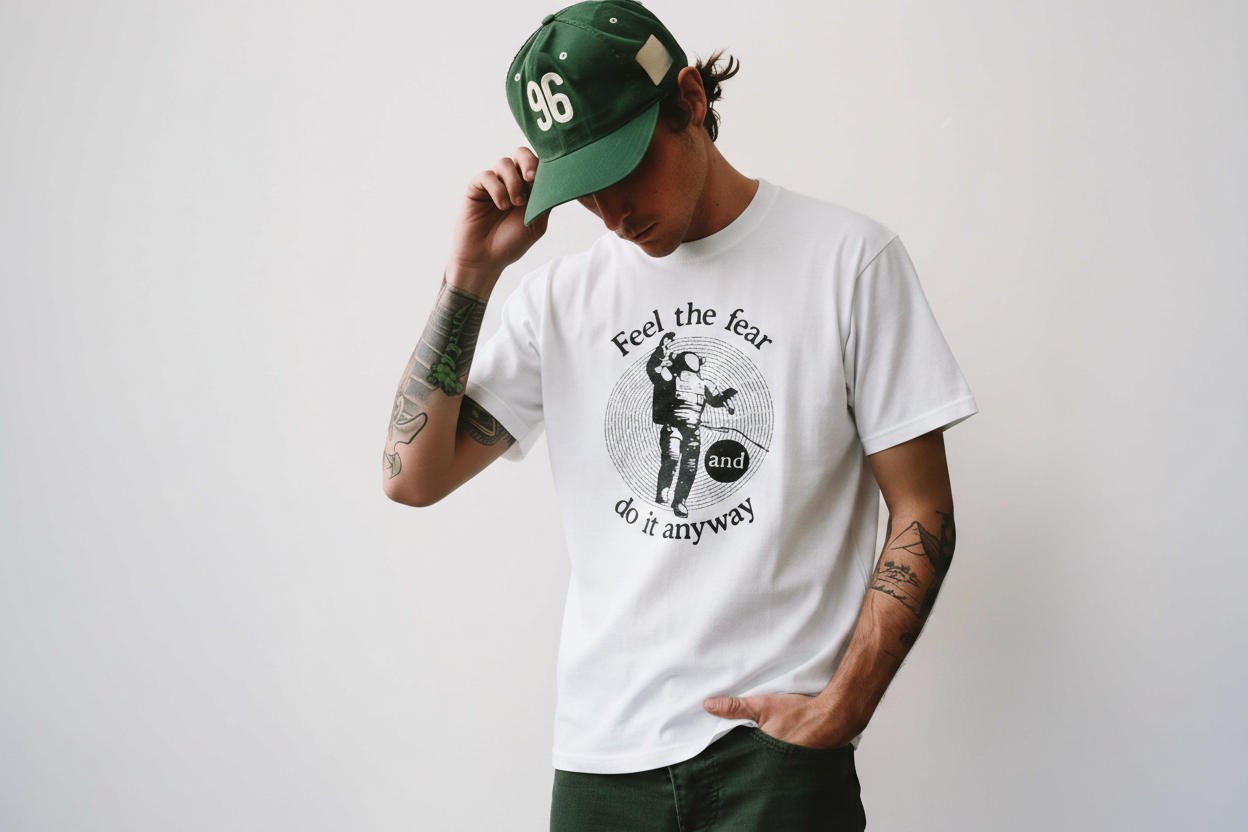 Model wearing Feel the Fear white shirt