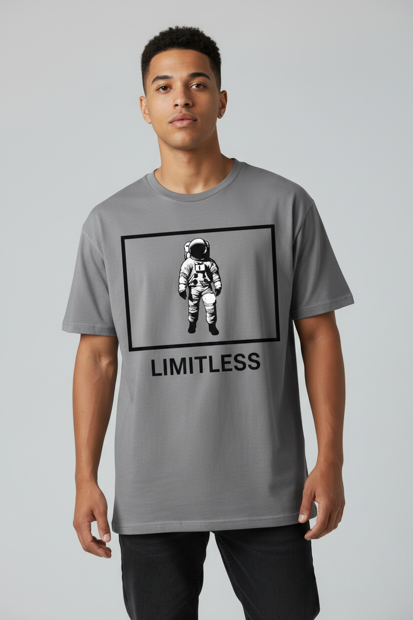 Model wearing gray LIMITLESS shirt
